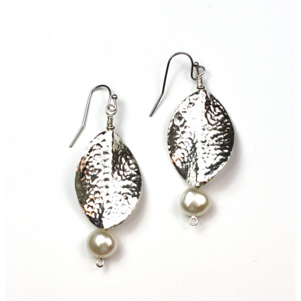 Large Hammered Oval Pearl Earrings-3985