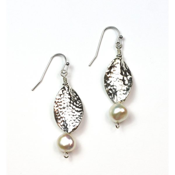 Small Hammered Oval Pearl Earrings-3986