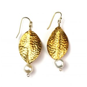 Large Hammered Oval Pearl Earrings-0