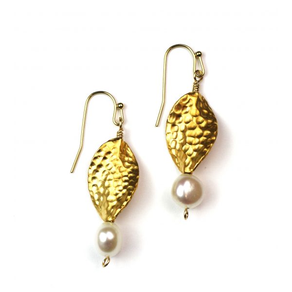 Small Hammered Oval Pearl Earrings-0